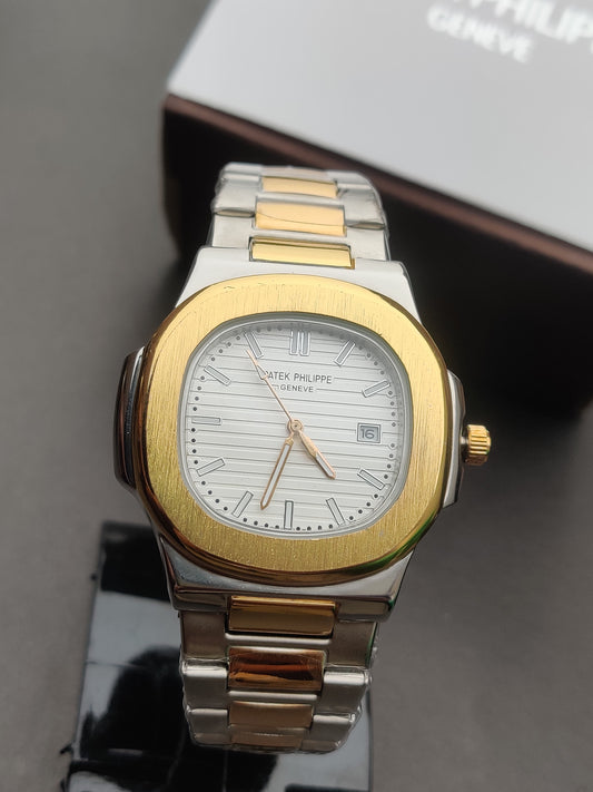 Patek Philippe White dial-Gold and White chain