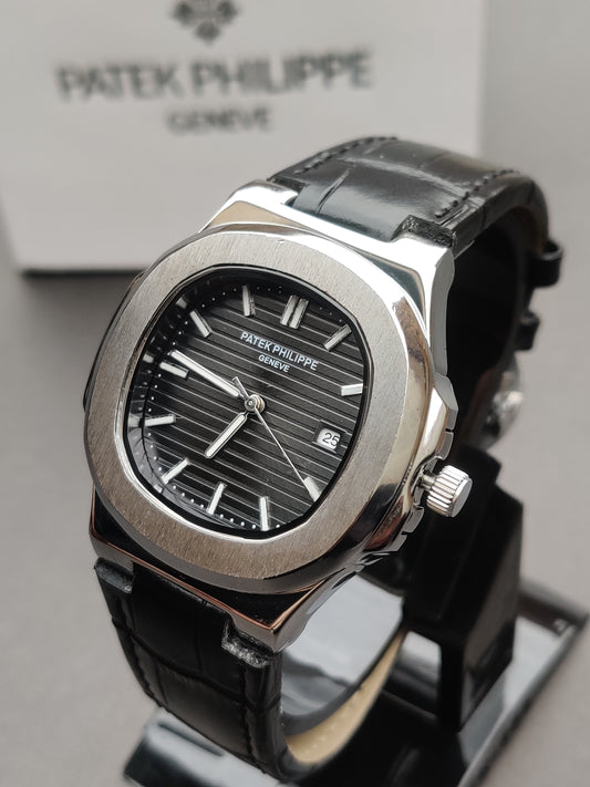 Patek Philippe Black dial-Black leather strap