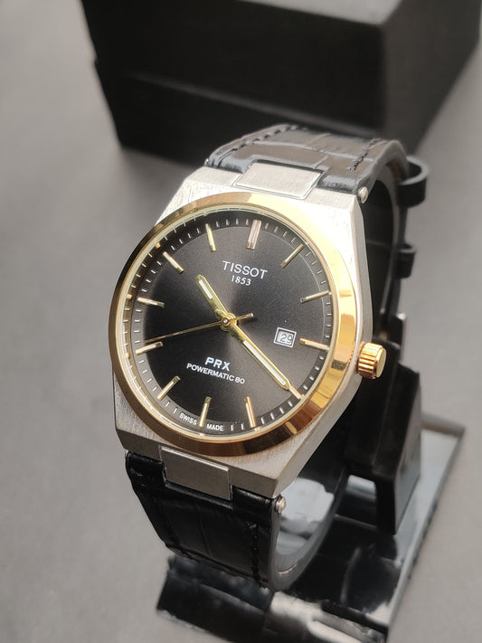 Tissot PRX 1853 – Black Dial with Gold Bezel and Leather Strap