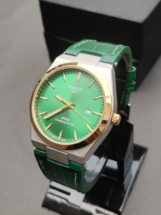 Tissot PRX 1853 – Green Dial with Gold Bezel and Leather Strap