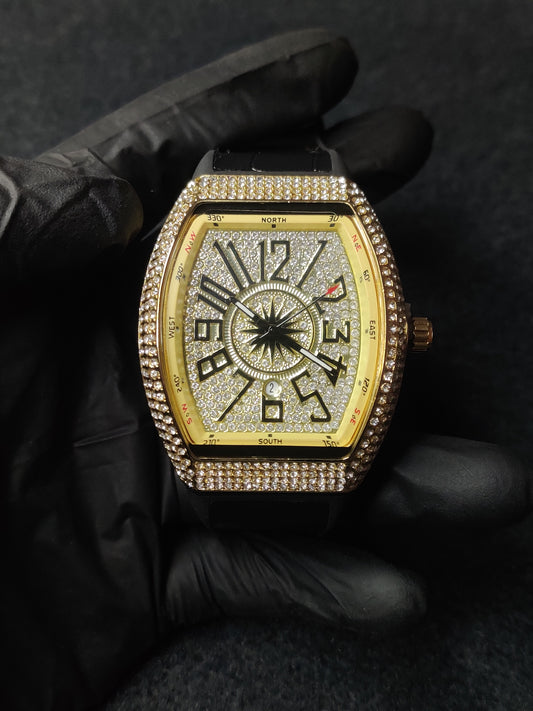 FM leather strap- Golden diamonds dial